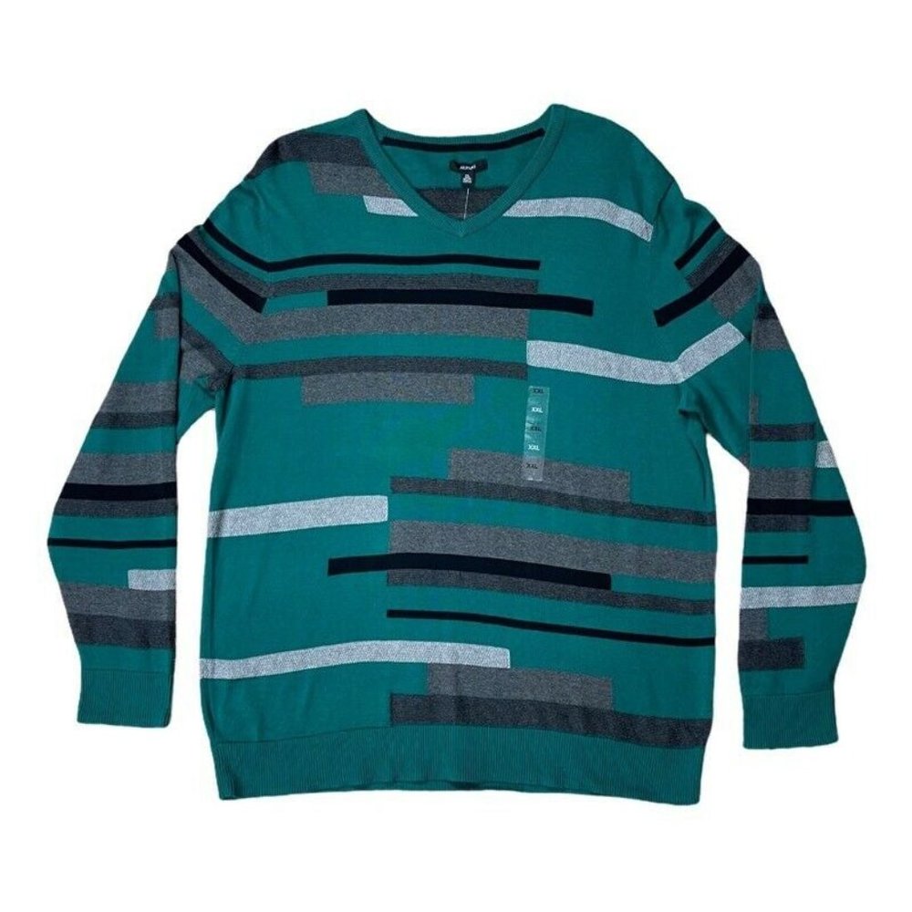 Alfani Mens Pullover Sweater Green Stripe Long Sleeve V Neck Cotton XXL New